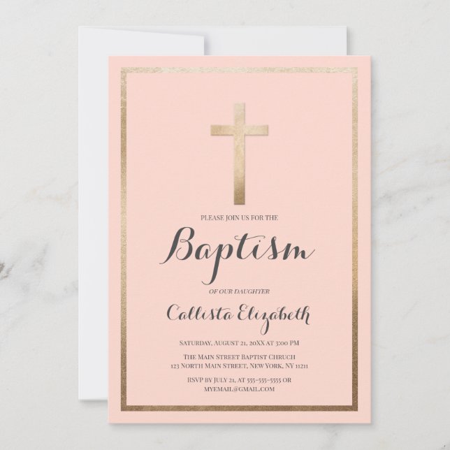 Modern Simple Pink Gold Cross Border Baptism Invitation (Front)