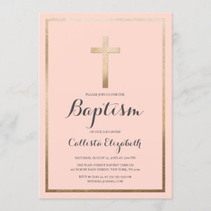 Modern Simple Pink Gold Cross Border Baptism Invitation