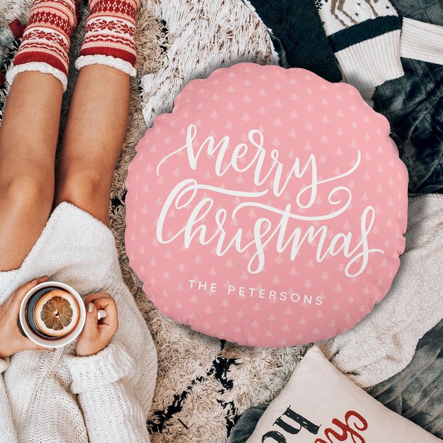 Modern Simple Pink Merry Christmas Name Round Cushion (Photo by Marko Klaric: https://www.pexels.com/photo/crop-faceless-woman-drinking-tea-and-sitting-nea)