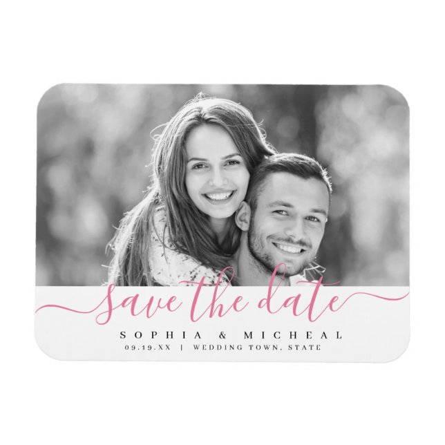 Modern simple pink script photo save the date magnet (Horizontal)
