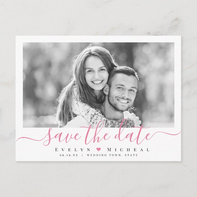 Modern simple pink script photo save the date postcard (Front)