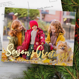 Modern Simple Playful Greetings Leaf Family Photo Foil Holiday Postcard