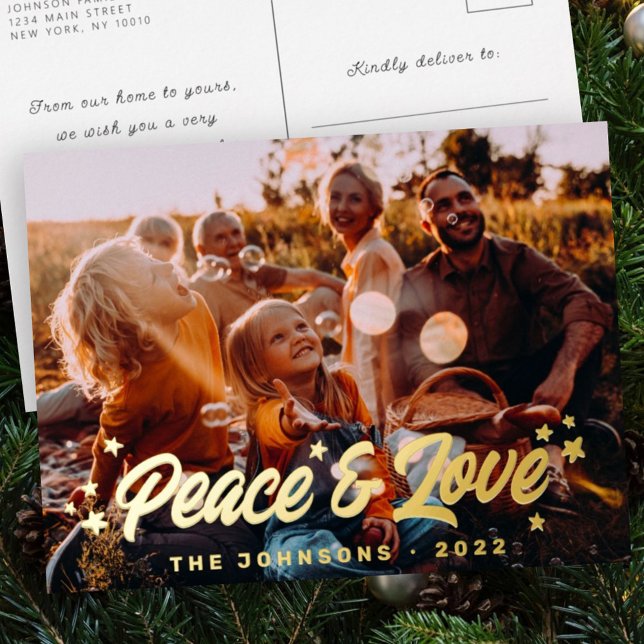 Modern Simple Playful Greetings Stars Family Photo Foil Holiday Postcard (Creator Uploaded)
