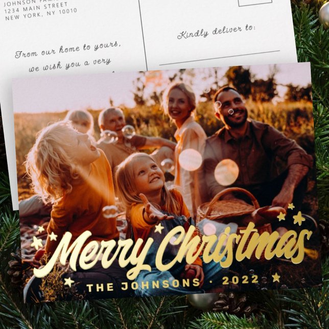 Modern Simple Playful Greetings Stars Family Photo Foil Holiday Postcard (Creator Uploaded)