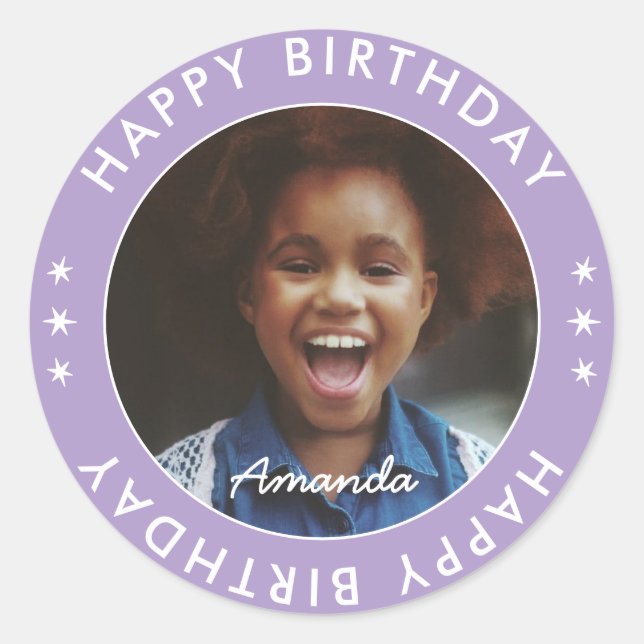 Modern Simple Purple Kids Happy Birthday Photo Classic Round Sticker (Front)