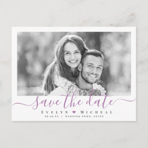 Modern simple purple script photo save the date postcard