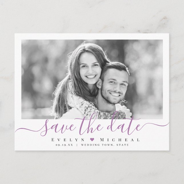 Modern simple purple script photo save the date postcard (Front)