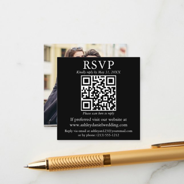 Modern Simple QR Photo Wedding Black RSVP Enclosure Card (Front/Back In Situ)