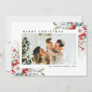 Modern Simple Red Berries Photo Christmas Holiday Card