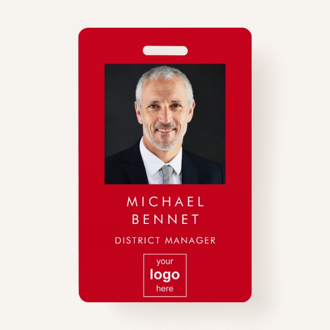 Modern Simple Red Corporate Photo ID ID Badge (Front)