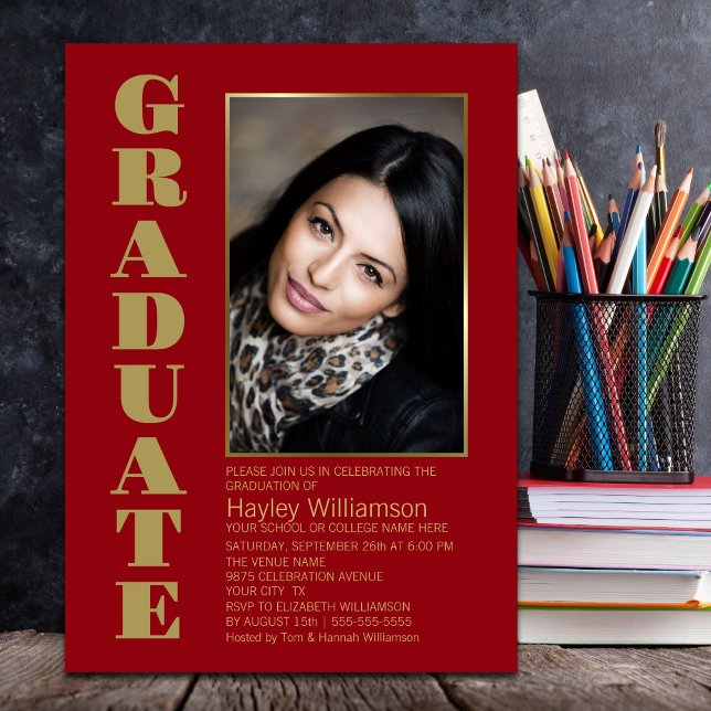 Modern Simple Red Gold Photo Graduation Party Invitation (Creator Uploaded)