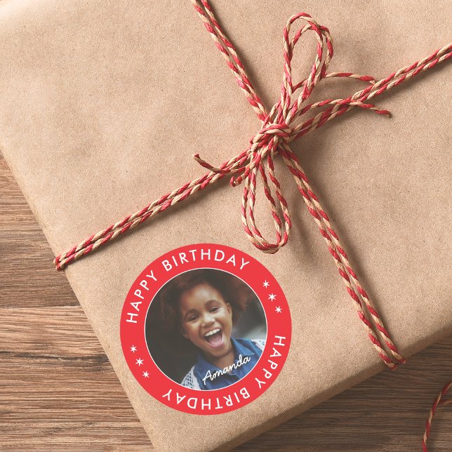 Modern Simple Red Kids Happy Birthday Photo Classic Round Sticker (Modern Simple Red Kids Happy Birthday Photo Classic Round Sticker
)