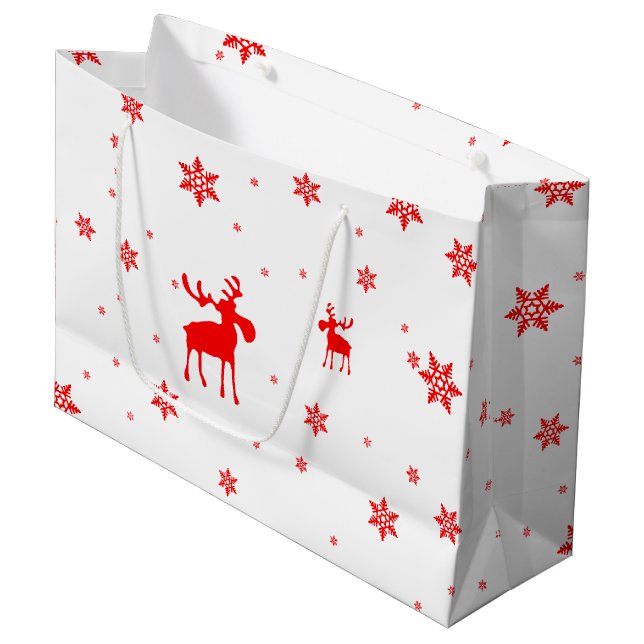 Modern Simple Red Moose Snowflakes Large Gift Bag (Front Angled)