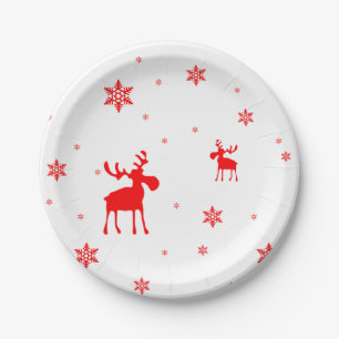 Modern Simple Red Moose Snowflakes Paper Plate
