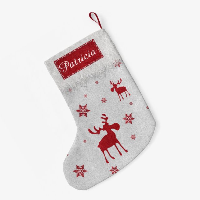 Modern Simple Red Moose Snowflakes Small Christmas Stocking (Back (Hanging))