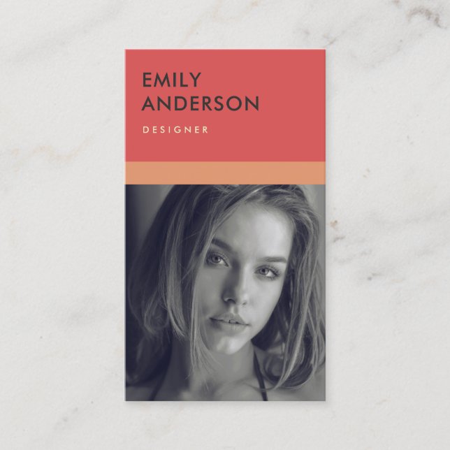 MODERN SIMPLE RED PEACH PERSONAL PHOTO IDENTITY BUSINESS CARD (Front)