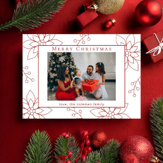 Modern Simple Red Poinsettia One Photo Holiday Card