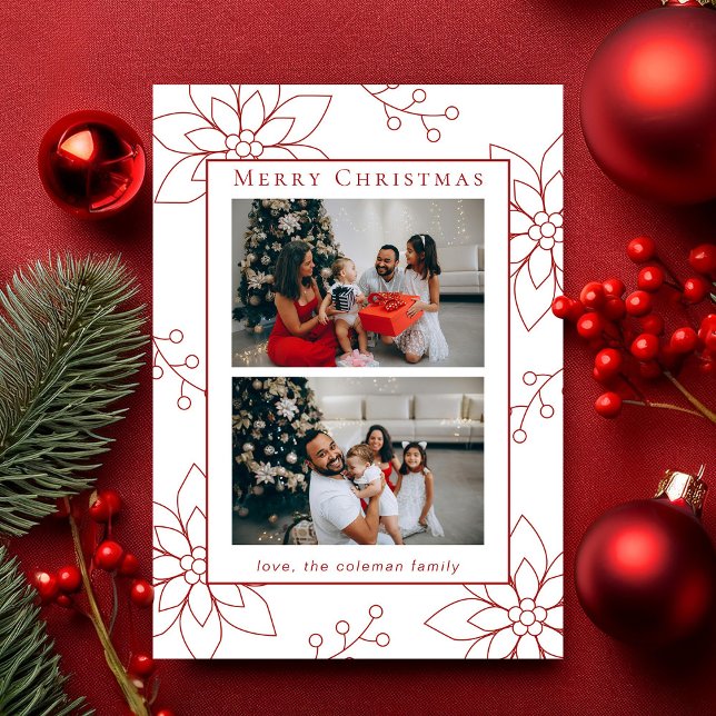 Modern Simple Red Poinsettia Two Photo Holiday Card (Creator Uploaded)