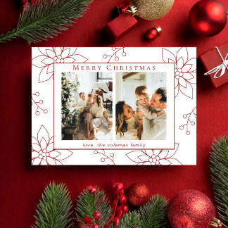 Modern Simple Red Poinsettia Two Photo Holiday Card