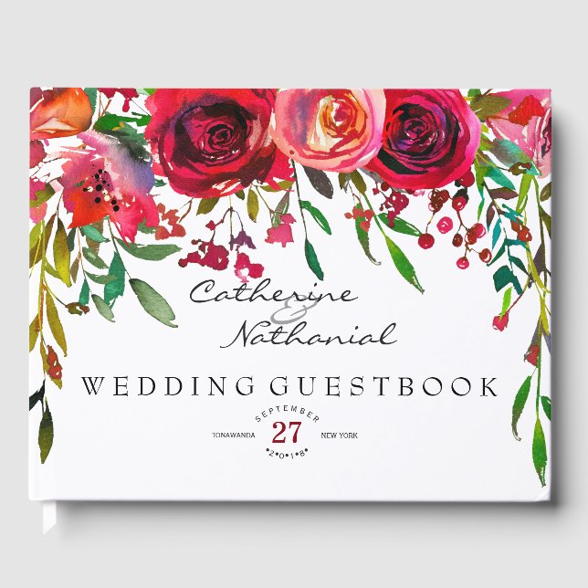Modern Simple Red Rose Wedding Guest Book (Front)