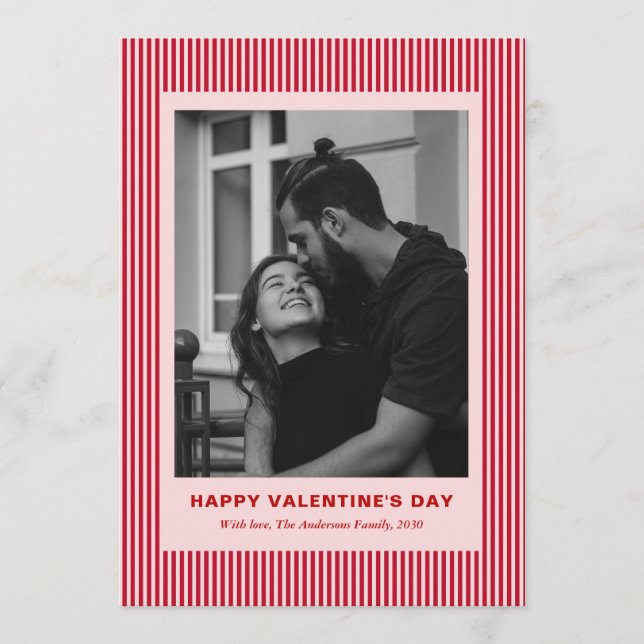 Modern Simple Red Stripes One Photo Valentines Day Holiday Card (Front)