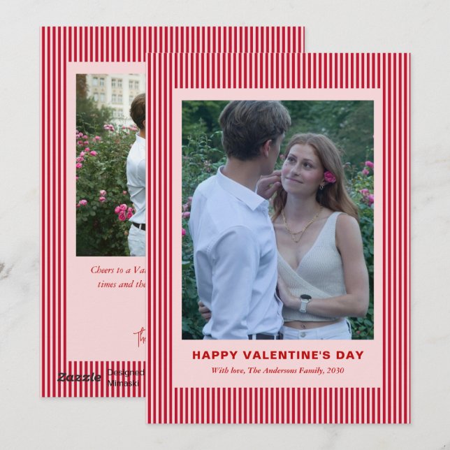 Modern Simple Red Stripes Two Photo Valentines Day Holiday Card (Front/Back)