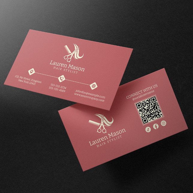 Modern Simple Rose & Biege Hair Stylist QR Code Business Card (Creator Uploaded)