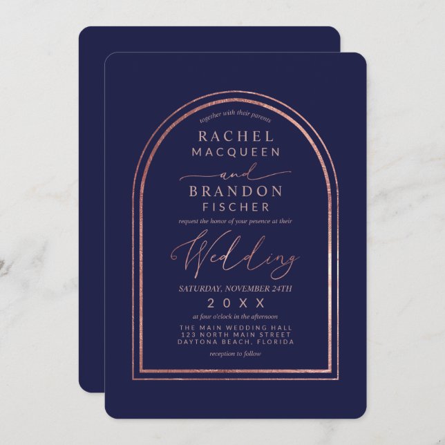Modern Simple Rose Gold Navy Blue Arch Wedding Invitation (Front/Back)