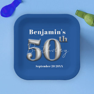 Modern Simple Royal Blue and Silver 50th Birthday Paper Plate