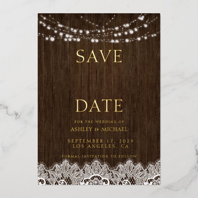 Modern Simple Rustic Twinkle Lights Wedding Save T (Front)