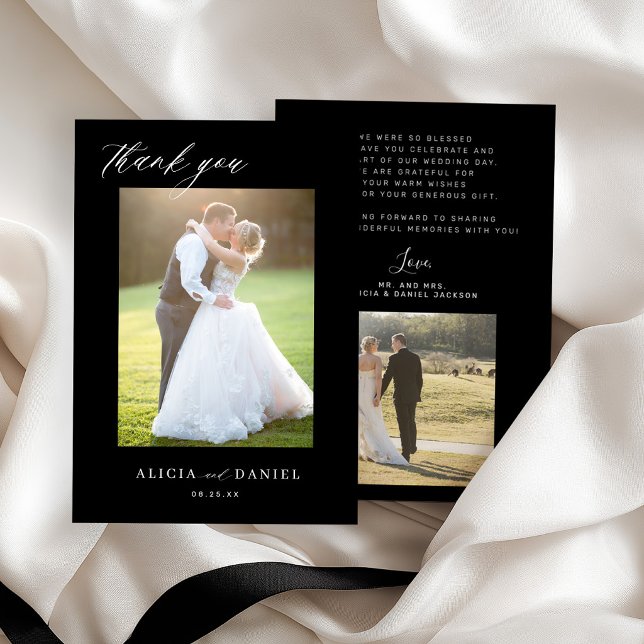  Modern simple script 2 photos black wedding Thank You Card (Creator Uploaded)