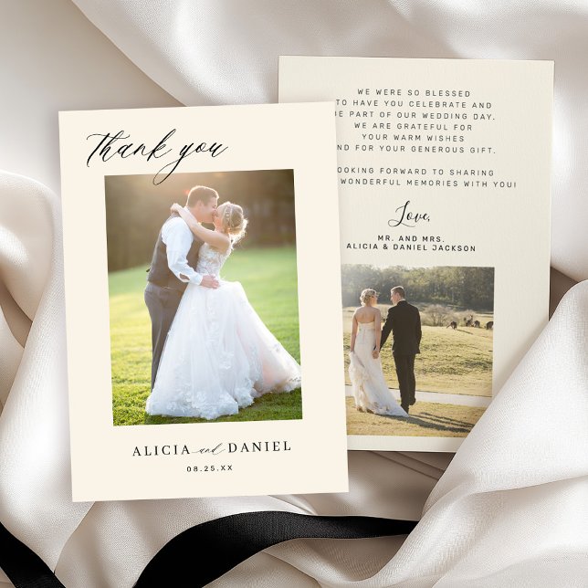  Modern simple script 2 photos ivory wedding  Thank You Card (Creator Uploaded)