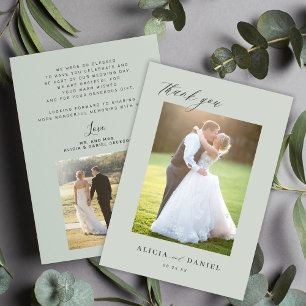  Modern simple script 2 photos sage green wedding  Thank You Card