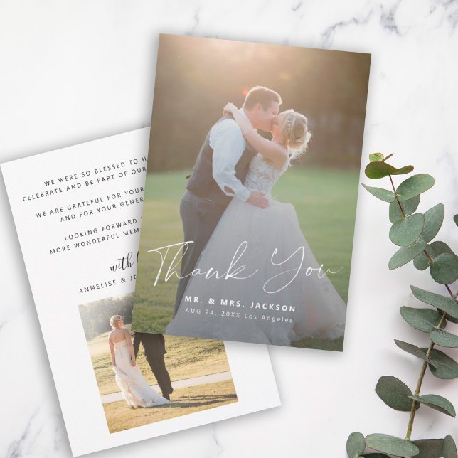 Modern simple script 2 photos wedding thank you card (Creator Uploaded)