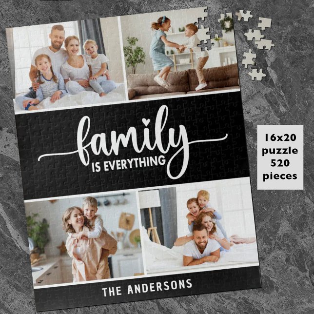 Modern simple Script Family Photo Jigsaw Puzzle (A personalized family photo puzzle with with the text, Family is Everything, and your photos & name)