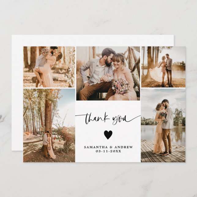 Modern simple script heart 5 photos wedding thank you card (Front/Back)