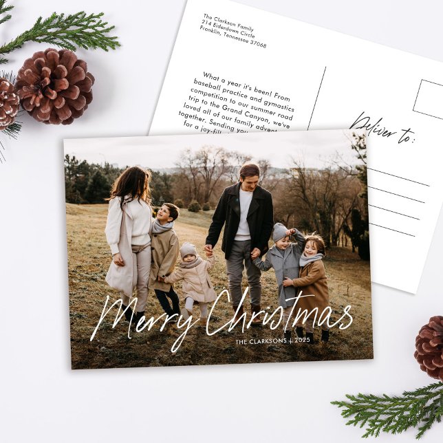 Modern Simple Script Merry Christmas Family Photo Holiday Postcard (Creator Uploaded)