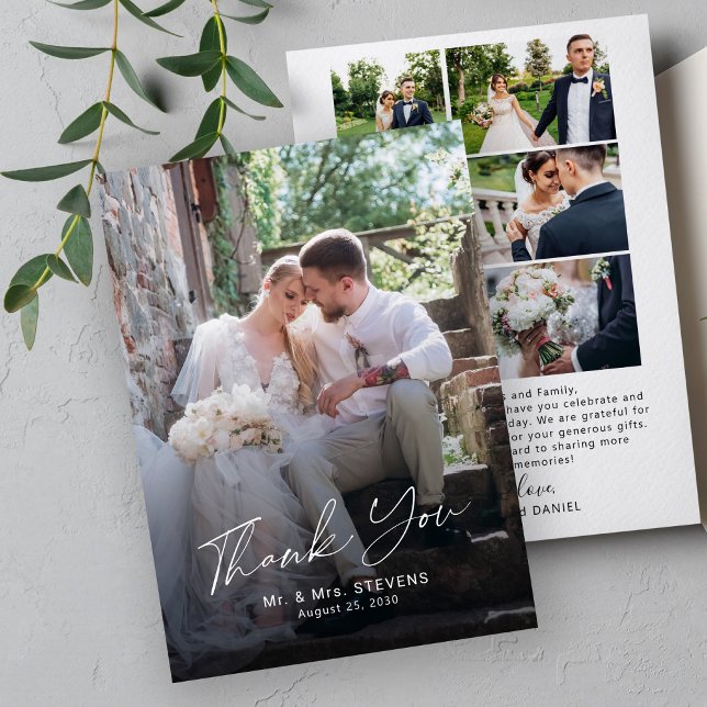 Modern simple script multi photo wedding thank you card (Creator Uploaded)