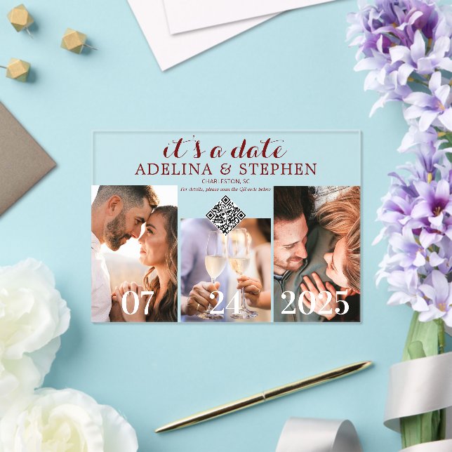 Modern Simple Script QR CODE 3 Photo Save The Date Acrylic Invitations (Insitu (Wedding))