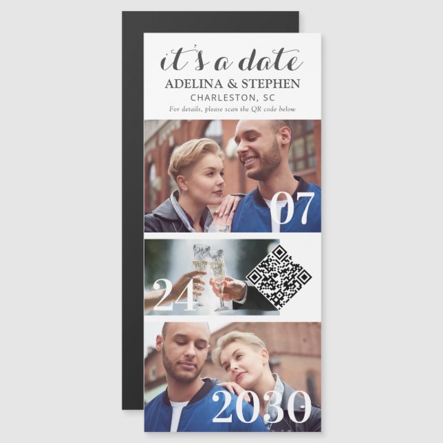 Modern Simple Script QR CODE 3 Photo Save The Date Magnetic Invitation (Front/Back)