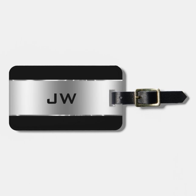 Modern Simple Shiny Silver on Black Luggage Tag (Front Horizontal)