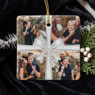Modern Simple Silver Bow Custom 4 Photo Collage Ceramic Ornament