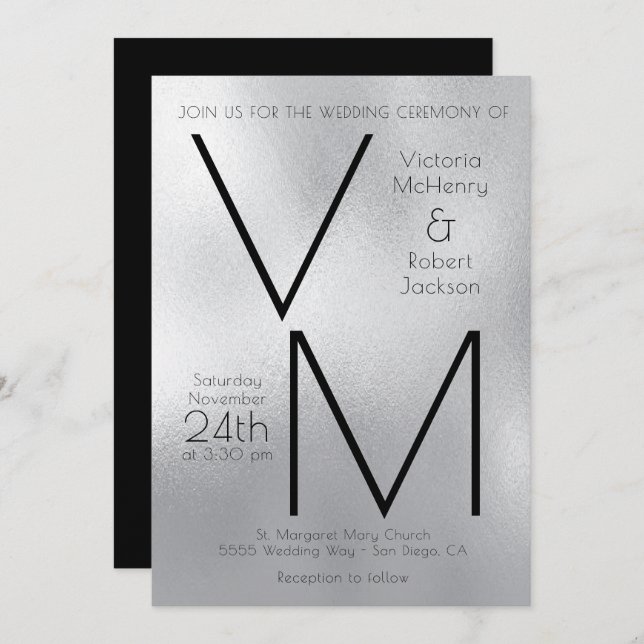 Modern Simple Silver Faux Foil Initials Wedding Invitation (Front/Back)