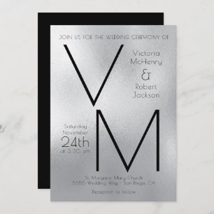 Modern Simple Silver Faux Foil Initials Wedding Invitation