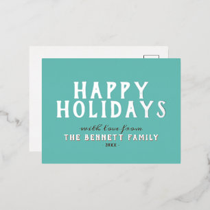 Modern Simple Silver Foil Typography Family Happy  Holiday Postcard