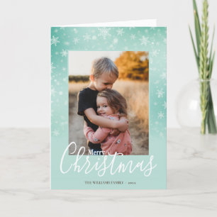 Modern Simple Snowy Green Merry Christmas Photo Holiday Card