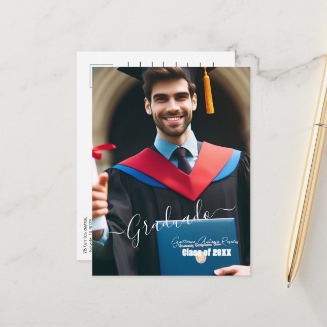 Modern Simple Spanish Photo Script Grad Invitation (Front/Back In Situ)