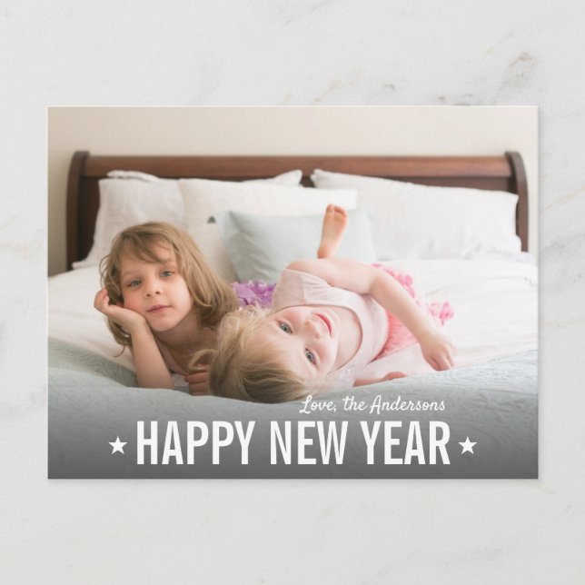 Modern Simple Star Script Happy New Year Photo Holiday Postcard (Front)