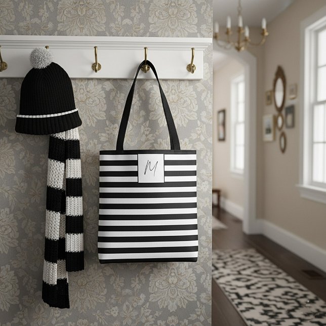 Modern simple stripes monogram tote bag (Creator Uploaded)