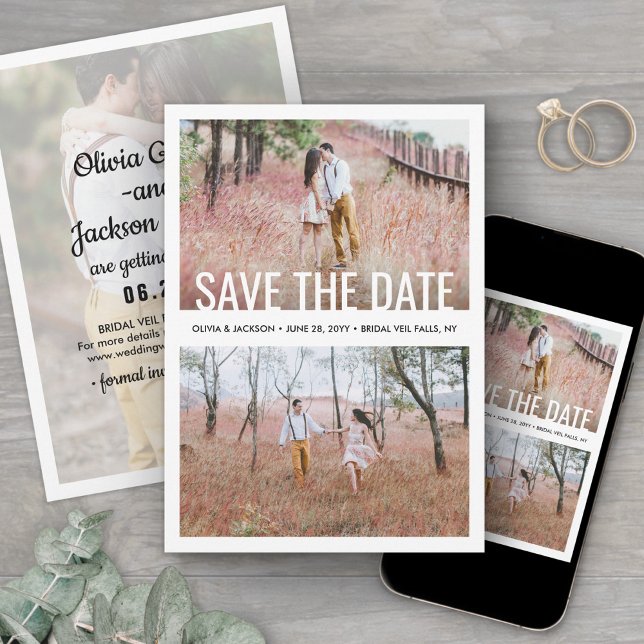 Modern Simple Typography Overlay 3 Photo Wedding Save The Date (Creator Uploaded)